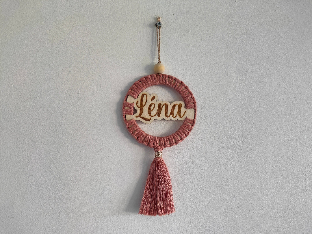 Décoration de rétroviseur, suspension porte chambre enfant en macramé avec prénom gravé