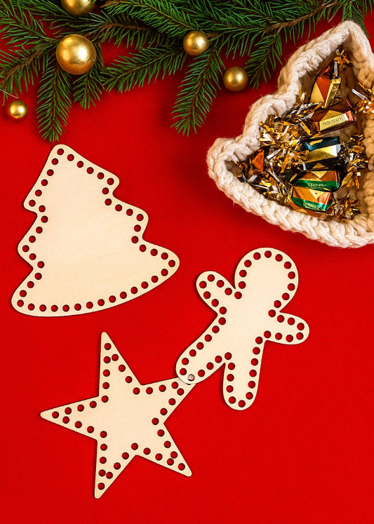 Fond de panier en bois pour Noël étoile sapin sucre d’orge pour crochet ou macramé