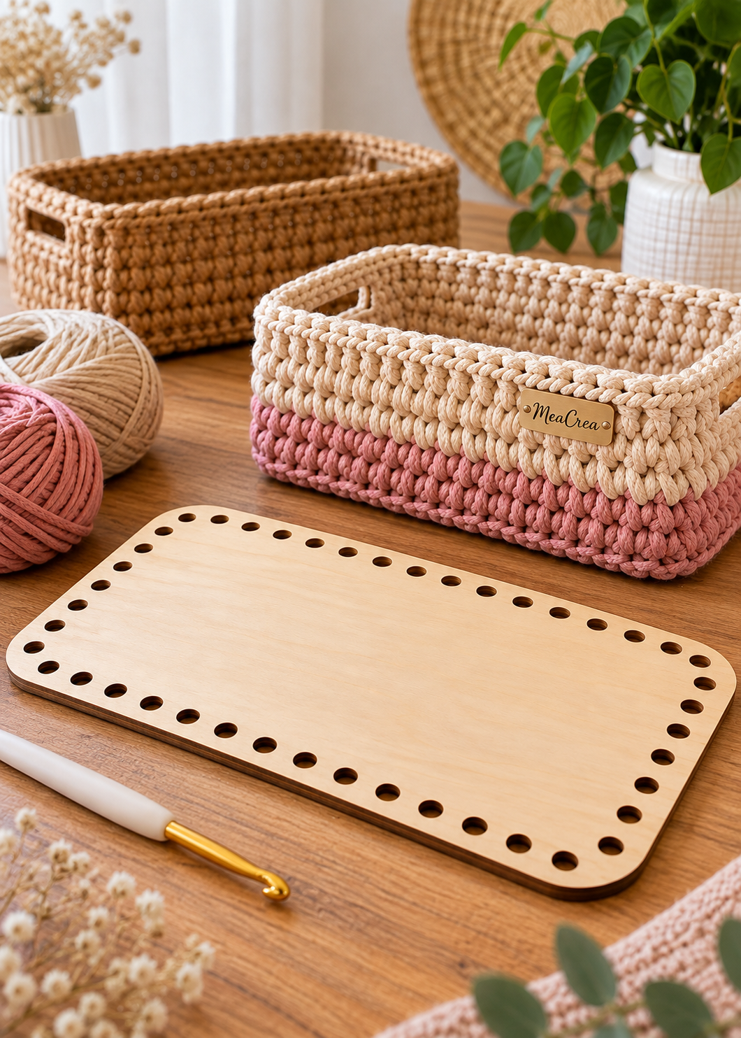 Fond de panier rectangle en bois – Crochet & Macramé