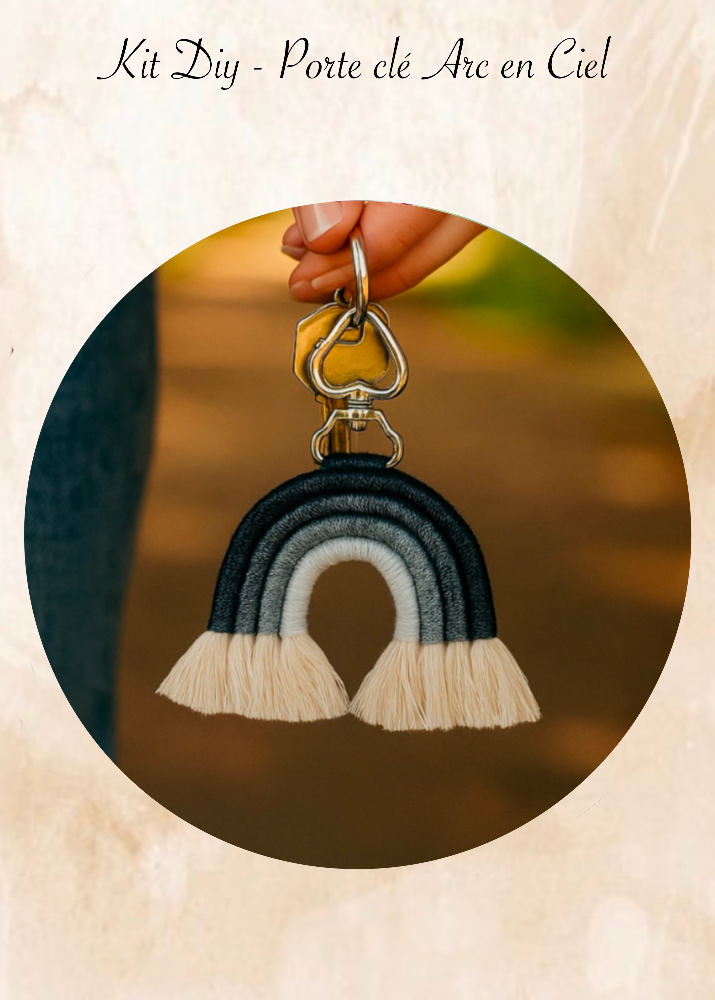 kit diy porte clé arc en ciel accessoire en macramé, niveau débutant facile a realiser meacrea 