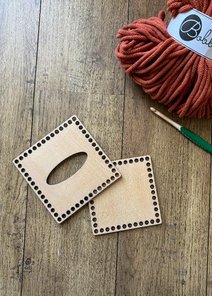 Base et couvercle en bois pour boîte à mouchoirs carré avec trous pour habillage au crochet DIY.