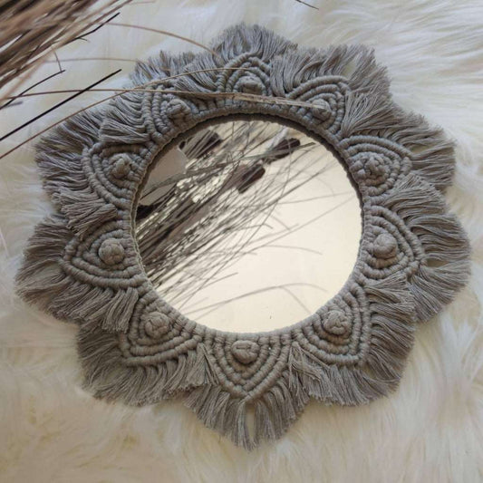 miroir en macrame gris fait main 20 cm